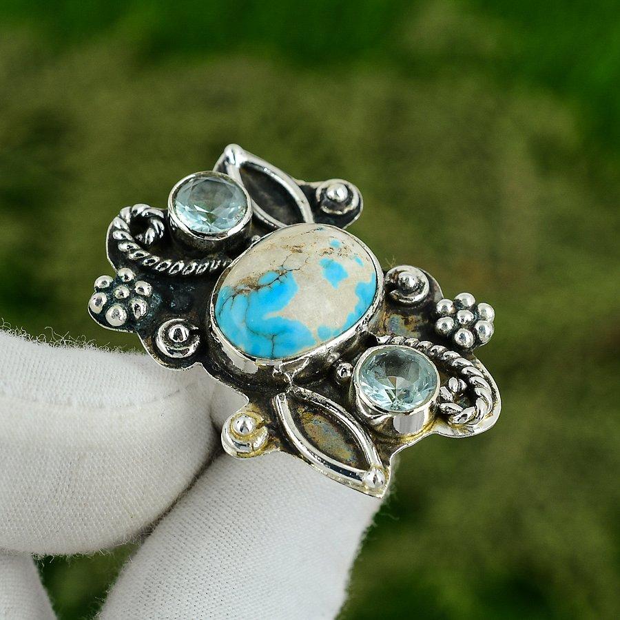 925 Silver Oval Santa Rosa Turquoise Stone Swiss Blue Topaz Handmade Ring Size 6 6