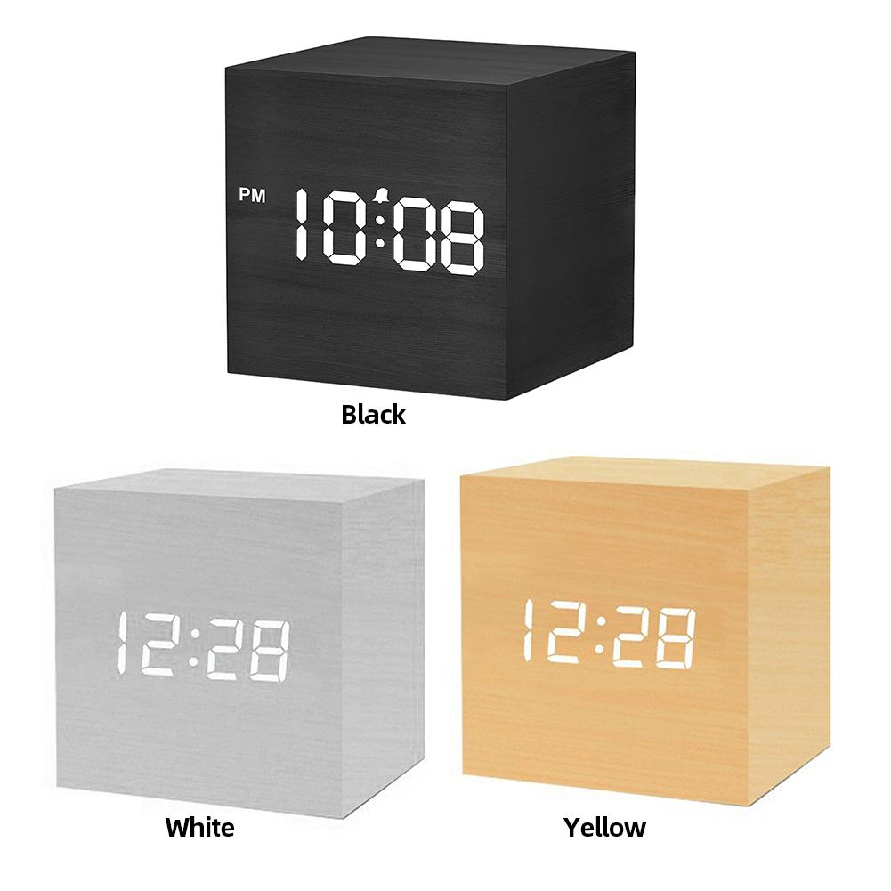 Wooden Digital Alarm Clock Voice Control Electronic Desktop Clock USB/Battery Powered LED Clock Art Ornament for Home Decoration