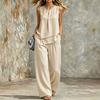 Women Sleeveless Front Pleated Crop Top Wide Leg Pants Set Solid Color Casual Outfit