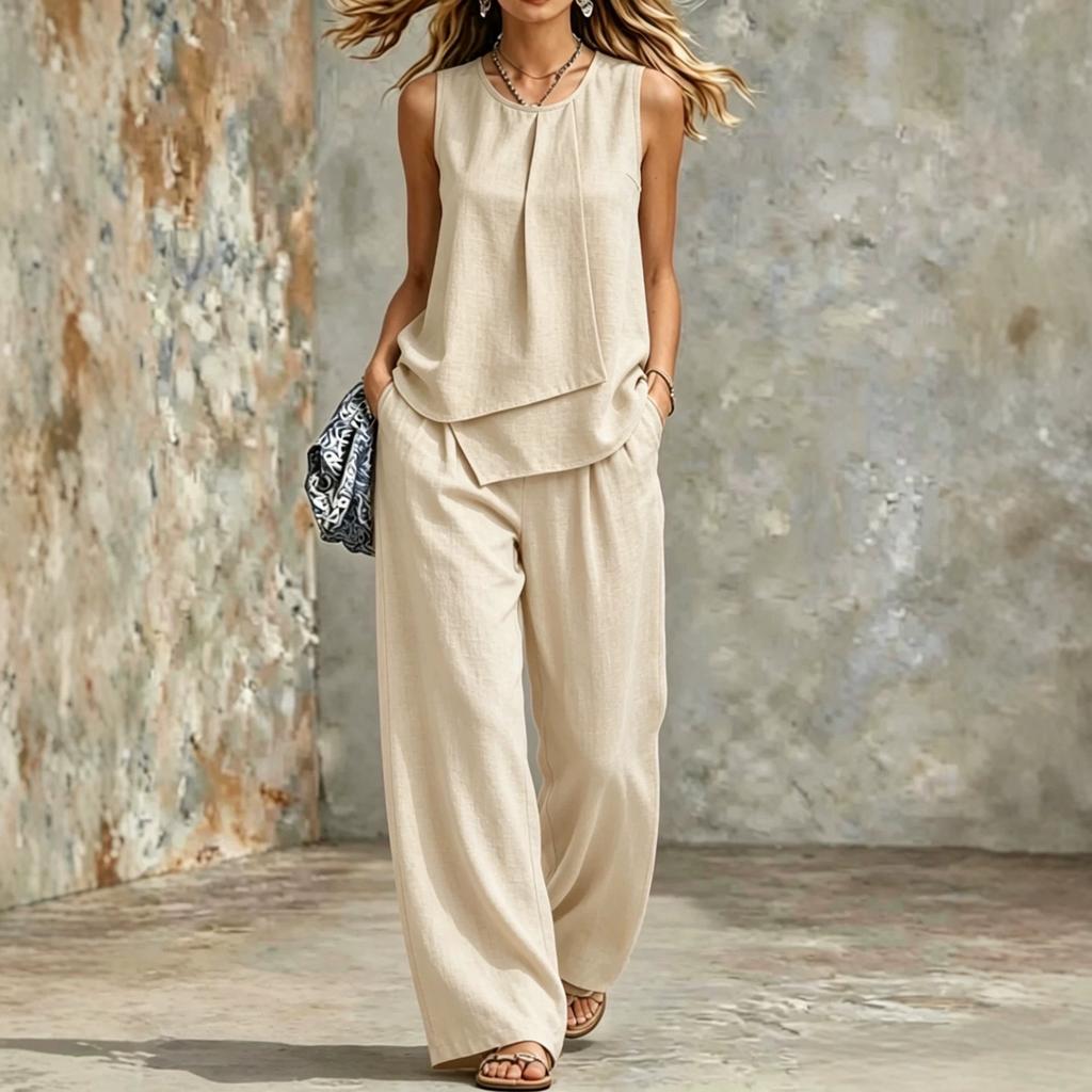 Women Sleeveless Front Pleated Crop Top Wide Leg Pants Set Solid Color Casual Outfit