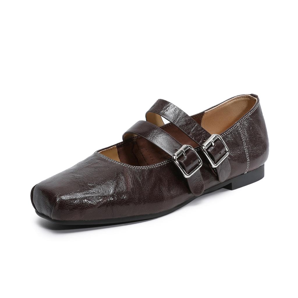 Square head leather Mary Jane women's shoes 2026 spring new belt buckle shallow mouth single shoes flat bottom small leather shoes