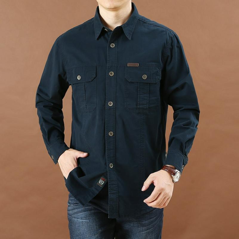 Men's Casual Loose Long-sleeved Shirt Spring and Autumn Plus Size Cotton Solid Color Young and Middle-aged Shirt