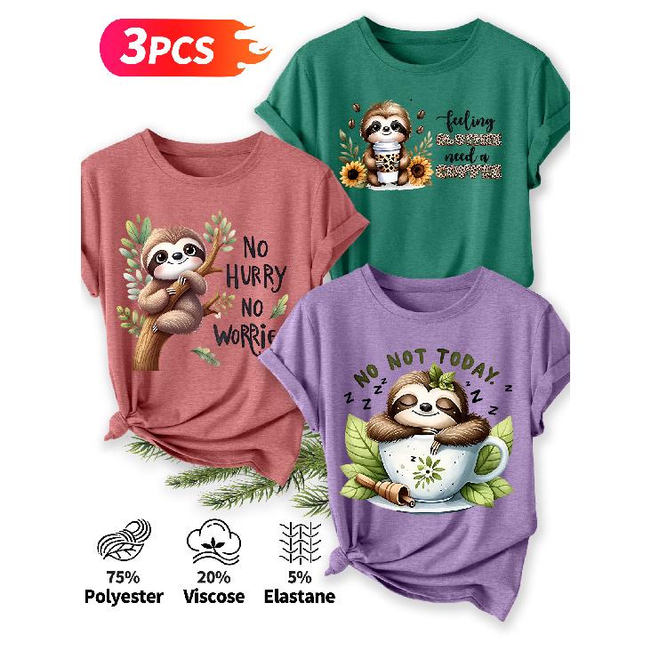 2026 3 Pack Sloth Print Round Neck Women Short Sleeve T Shirts Elegant Casual Holiday Spring Summer Tops