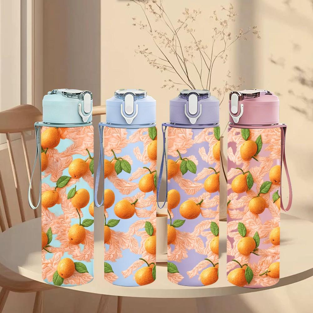 1PC Orange Citrus Fruit 750ml Color Plastic Sports Water Bottle Leakproof Flip Straw Lid Suitable for Sports Office Home Use