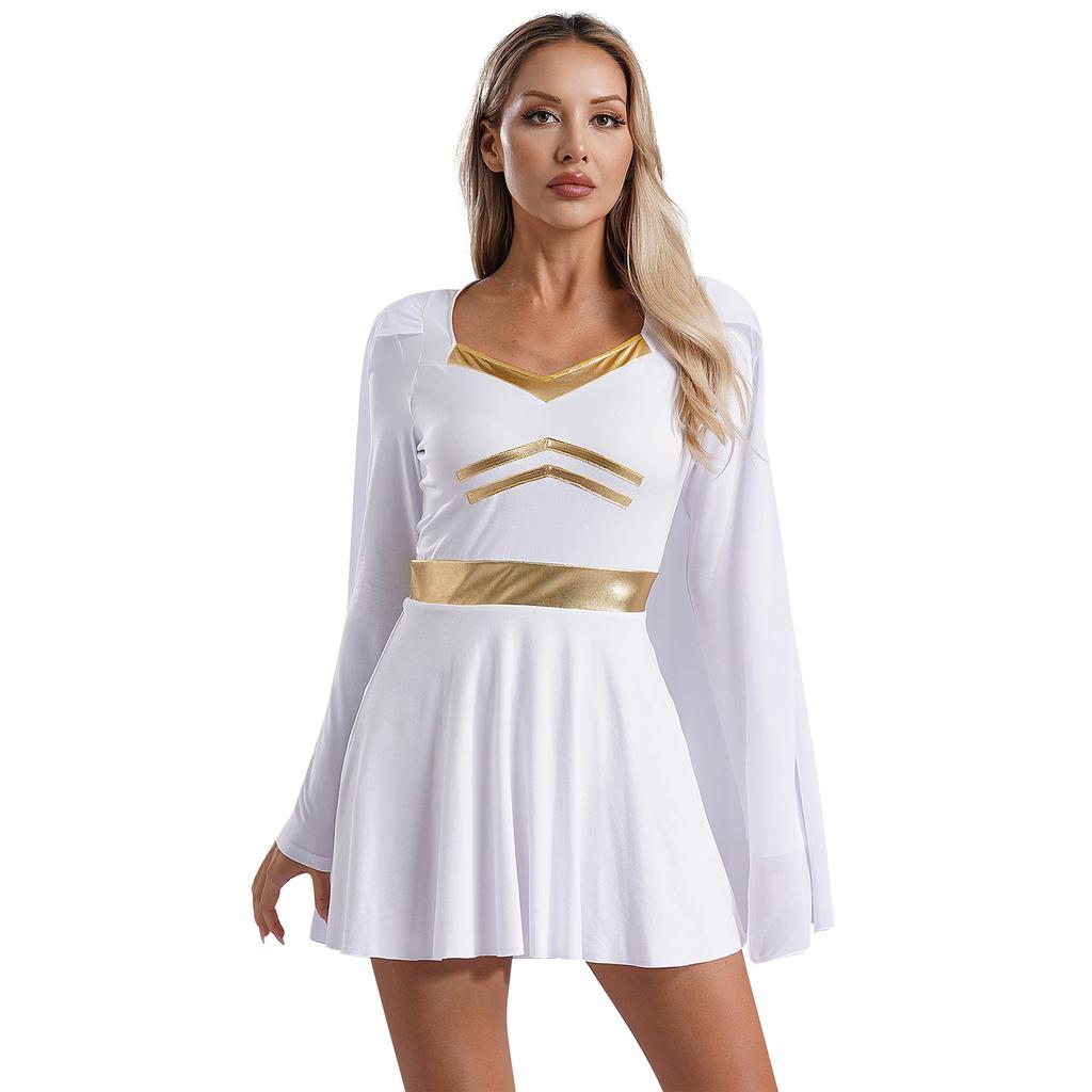 Womens Halloween Cosplay Costume V Neck Long Sleeve Metallic Trim Chiffon Cape Dress Roman Dress Up
