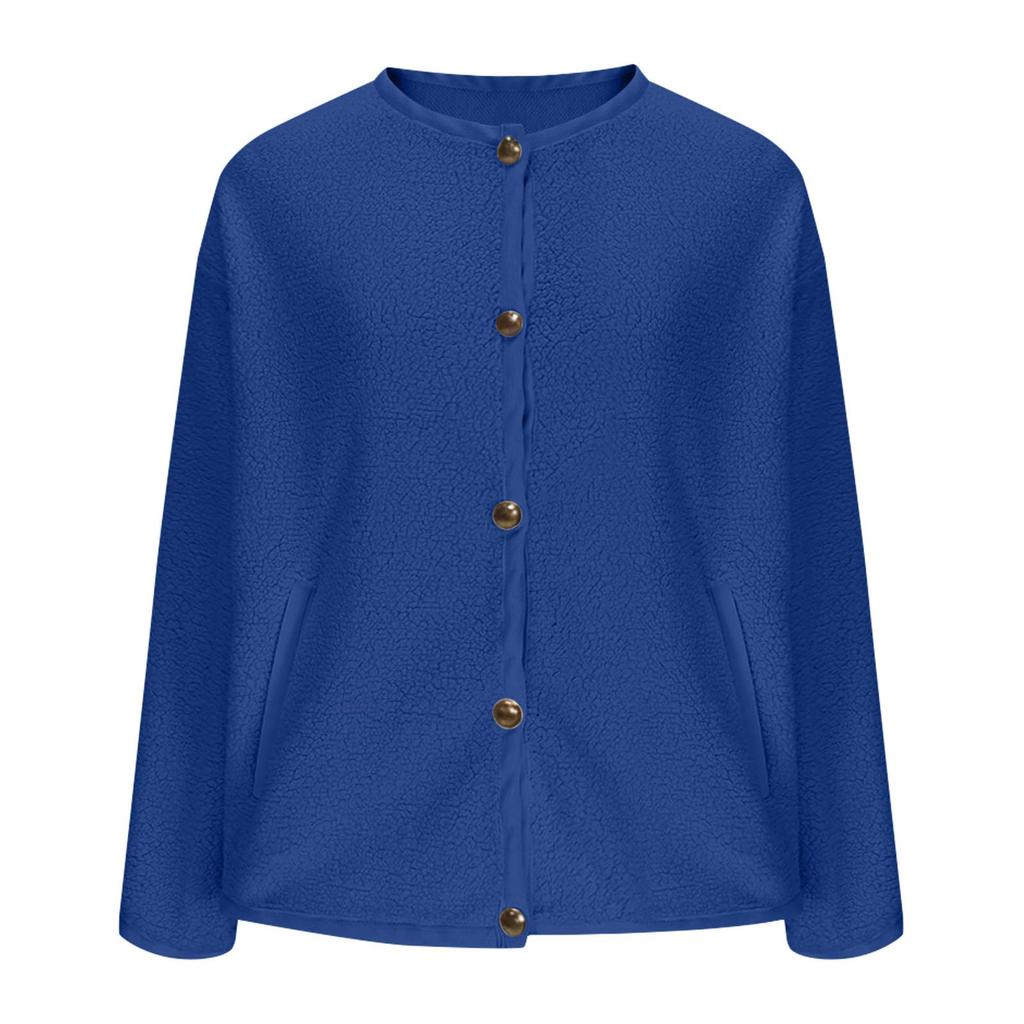 Women's Fashion Autumn/Winter Casual Classic Button-Front Round Neck Short-Length Shearling-Lined Long-Sleeved Coat