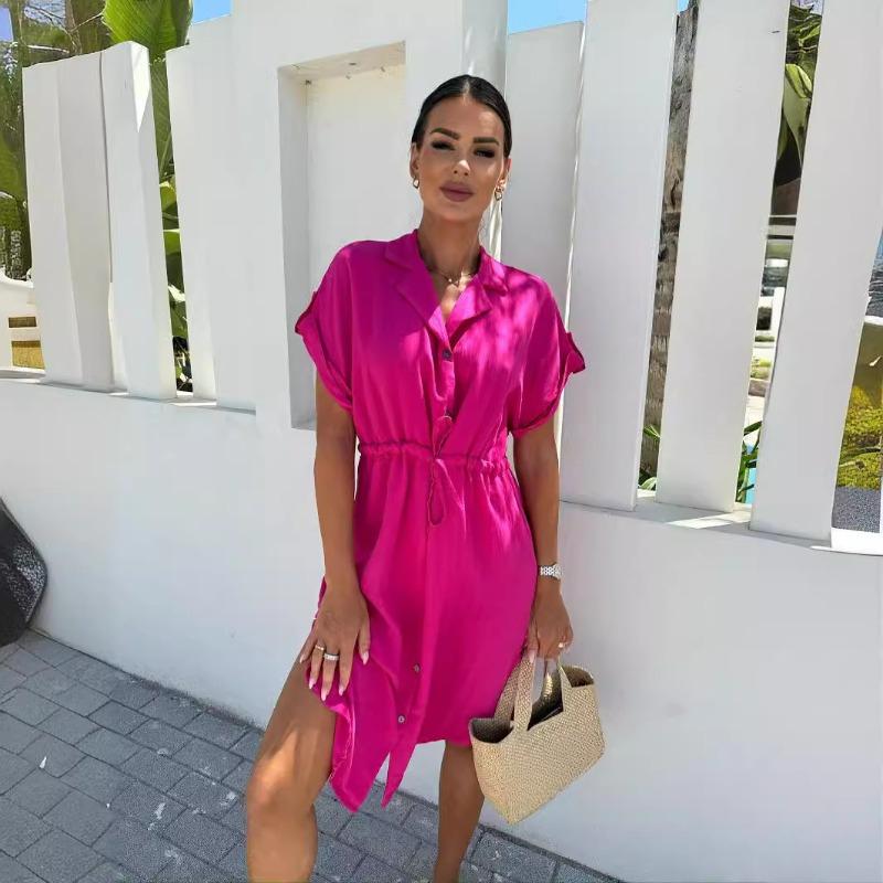 

Летнее однобортное платье свободного кроя с короткими рукавами и лацканами для женщин S розы красного