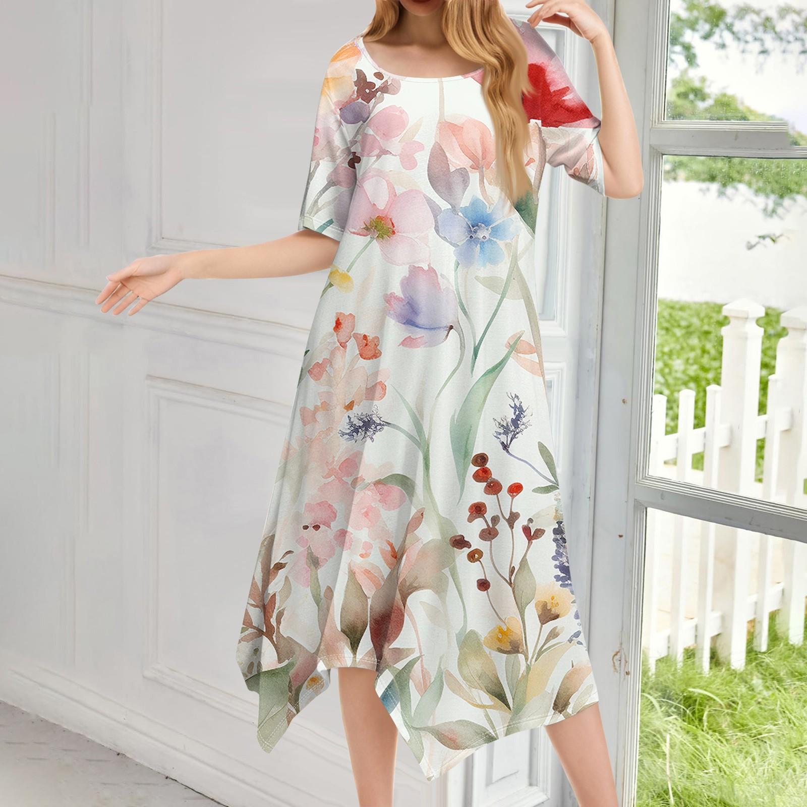 

Женское повседневное модное платье миди с круглым вырезом и коротким рукавом с принтом и неровным подолом XXL