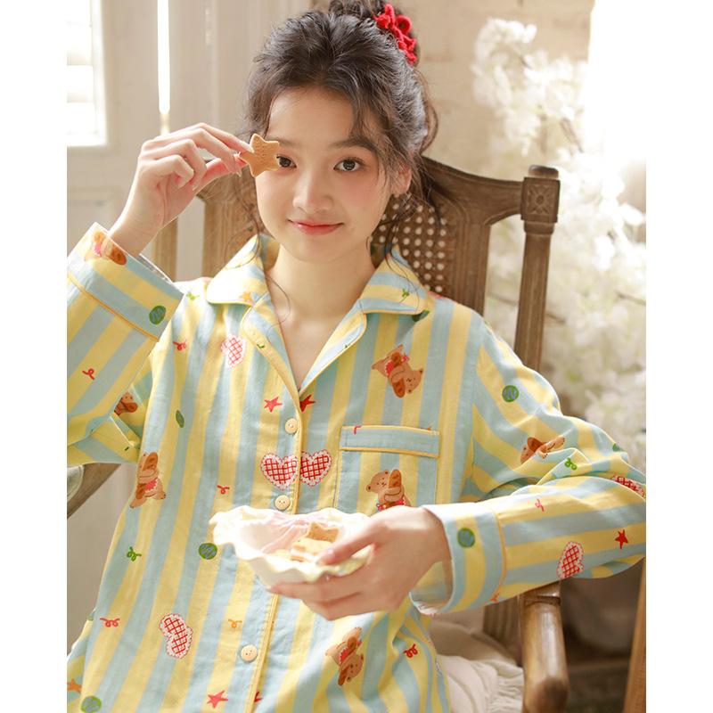 Pajamas Women's Japanese Sweet Spring and Autumn Lapel Cotton Gauze Women's Long-sleeved Trousers Loungewear Set 11