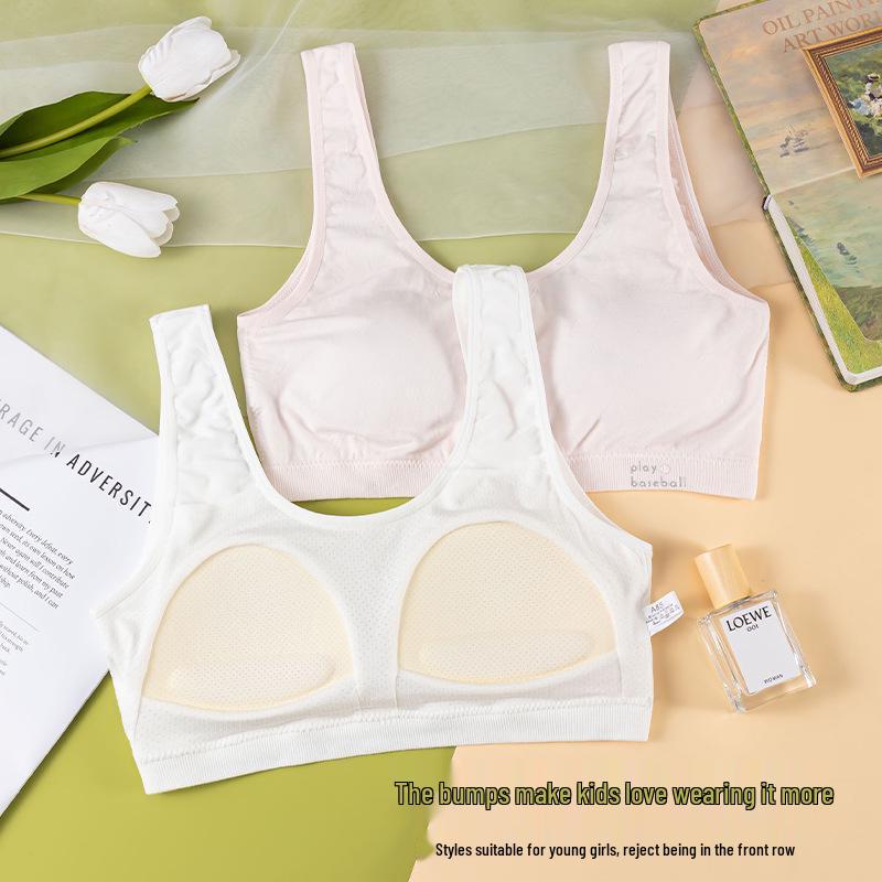 Girls' Teenage Training Bandeau: Thin Chest Pads, Wide Shoulder Straps, Anti-Nipple Show, Fixed Cup, Backless Design.