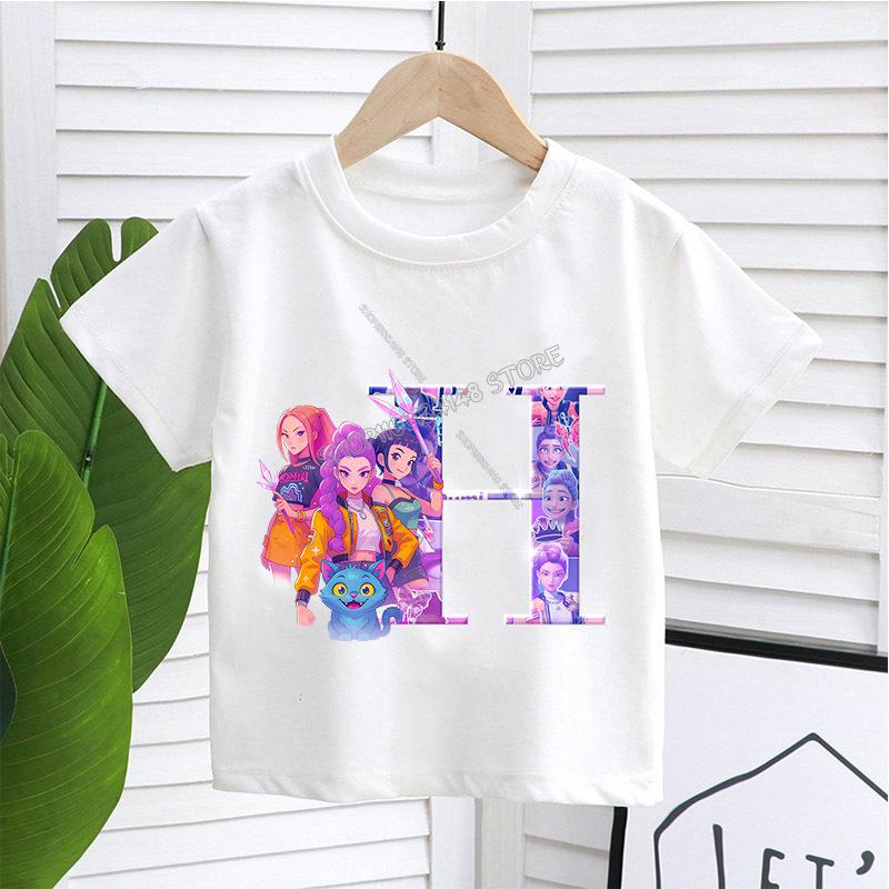 KPop Demon Hunters White T-shirt for Children A-Z Letters Tee Top Cartoon Round Collar Clothes Kids Short Sleeve Clothing Gift