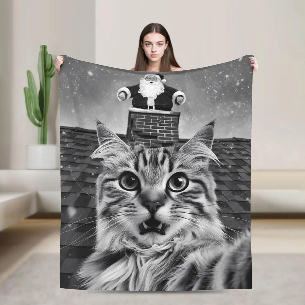 Funny Cat Selfie Santa Merry Christmas Blanket Soft Warm Throw for Winter Bedroom Students Holiday Home Decor