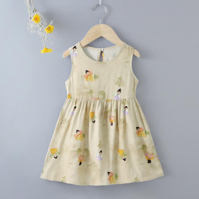 Girls' Floral Summer Princess Beach Dress, Cotton Silk Tank, A-line Skirt