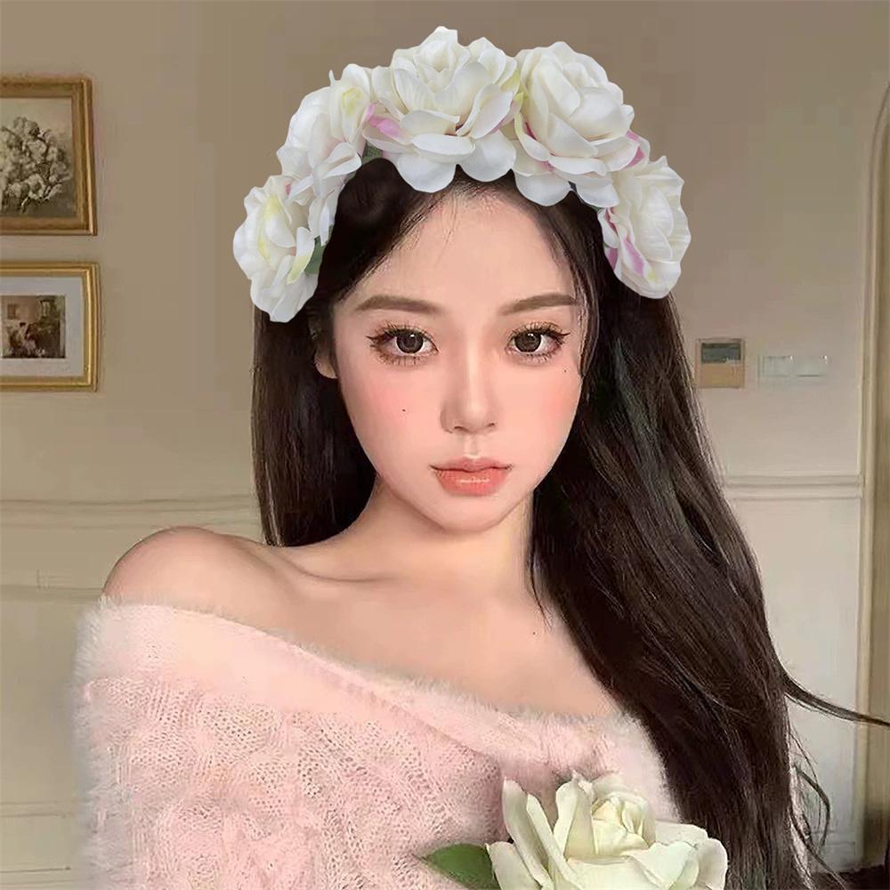 Imitation Rose Flower Headband Retro Fake Flower Decor Crown Headband Women Headpiece Hair Hoop Party Decor
