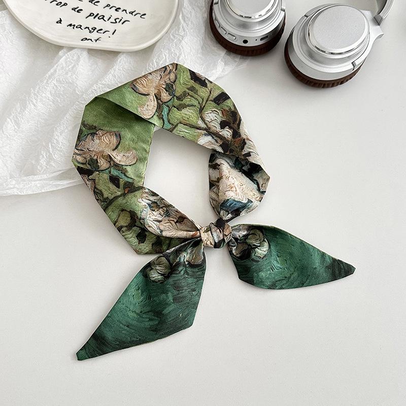 Blue silk scarf, long strip, new fashion, oil painting style, bow, headband, braided hair, tied bag, streamer, multi-purpose waist silk scarf.