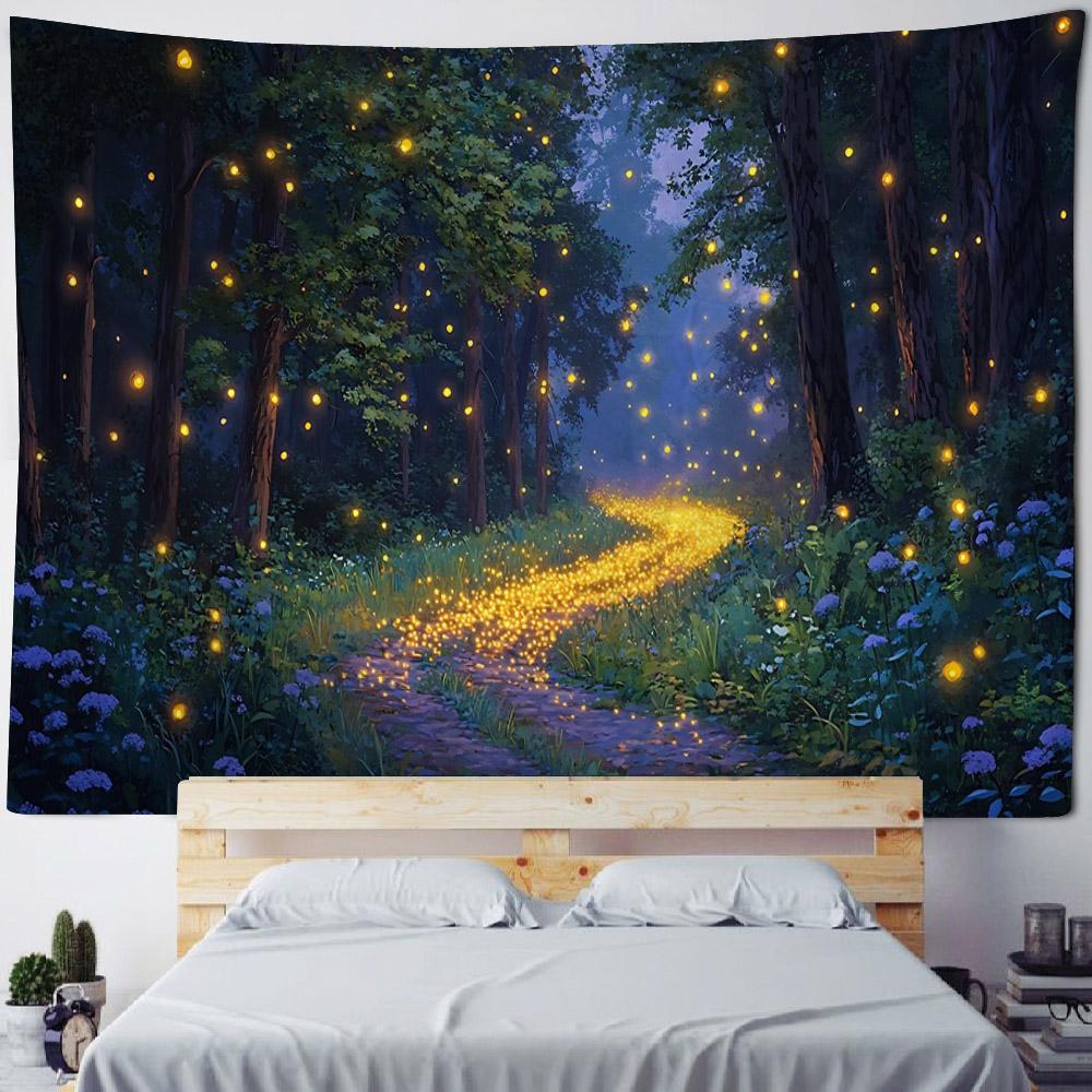 Forest Firefly Tapestry Dreamy Landscape Polyester Wall Hanging Fabric Aesthetic Home Decoration Living Room Background Poster
