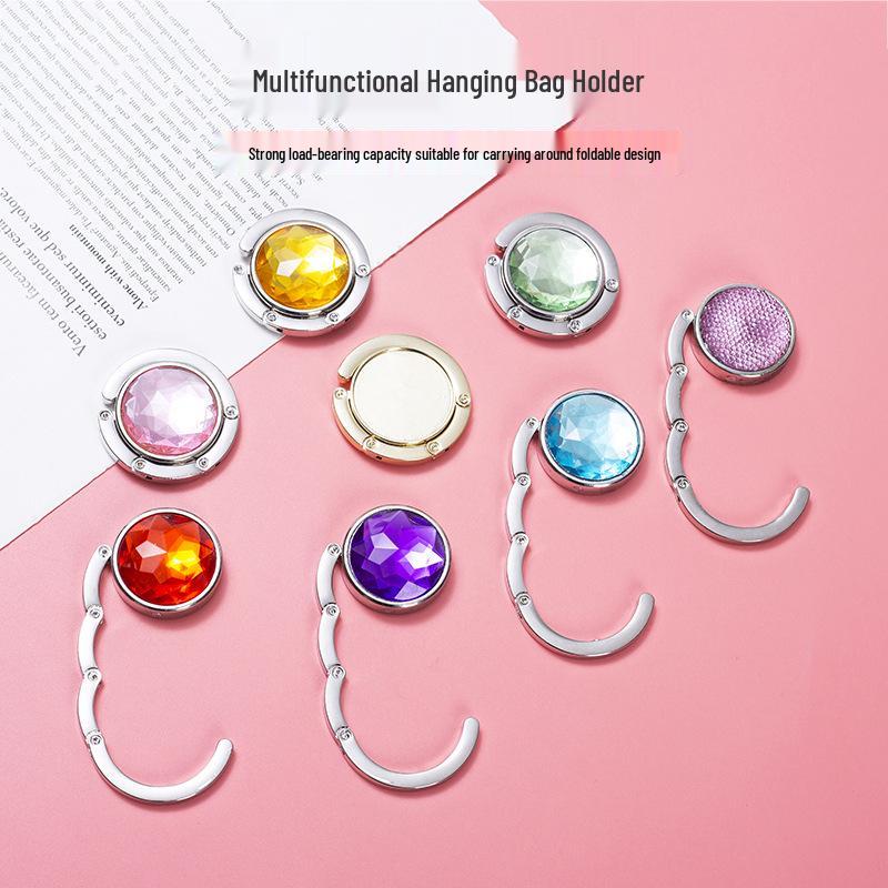 Portable Folding Crystal Handbag Hook - Rhinestone-Free Metal Clip for Table Edge