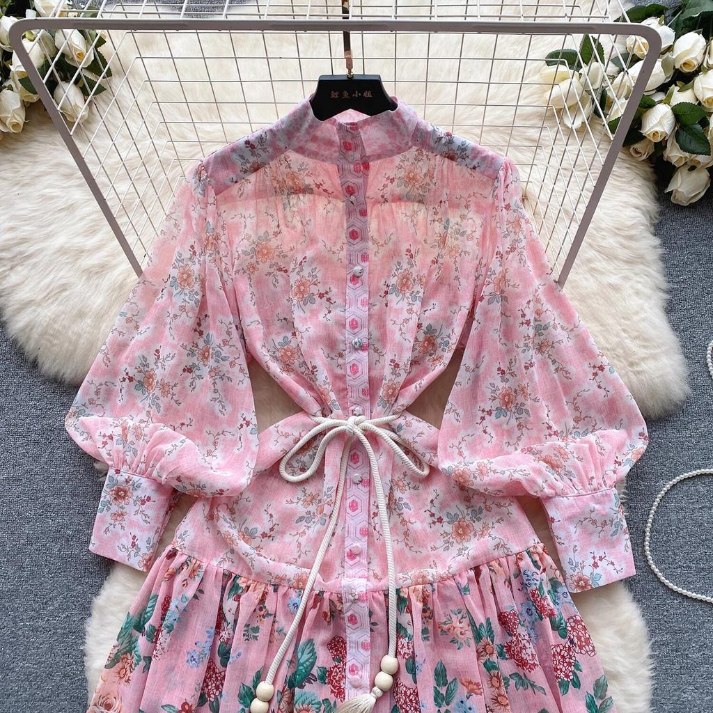 2024 Spring New French sle Puff sleeve Breasted Waist Hugging Slimming Temperament Long Print Formal Dress Chiffon Dress