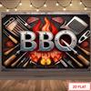 2D Barbecue Party Backdrop, Vintage BBQ Grill Tools Red Fire Steak Background Banner for Summer Party