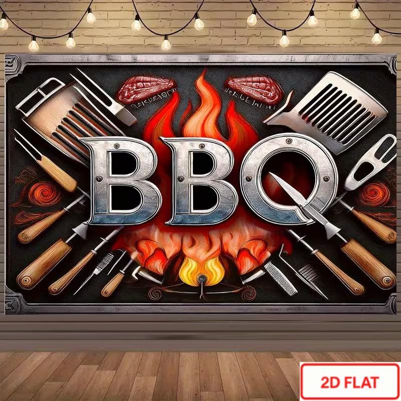 2D Barbecue Party Backdrop, Vintage BBQ Grill Tools Red Fire Steak Background Banner for Summer Party