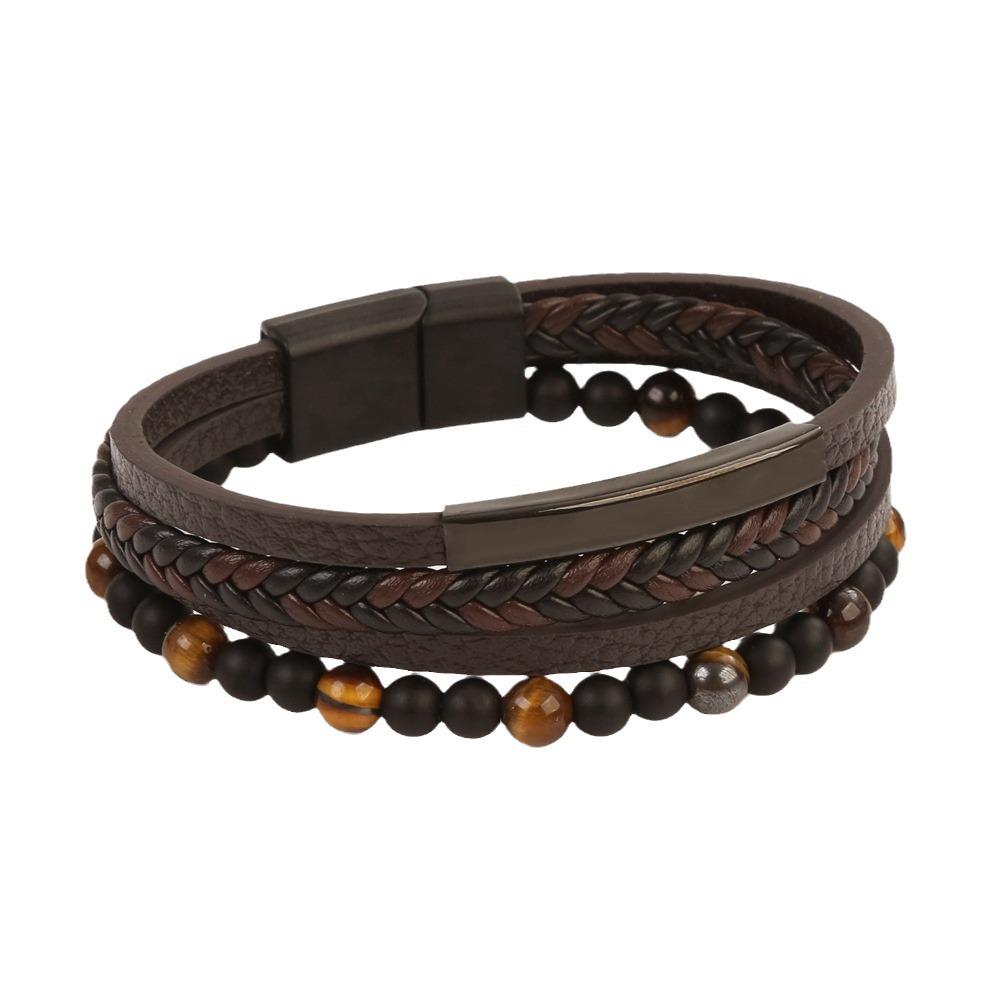 Men's Hand-woven Leather & Stainless Steel Natural Stone Bracelet
