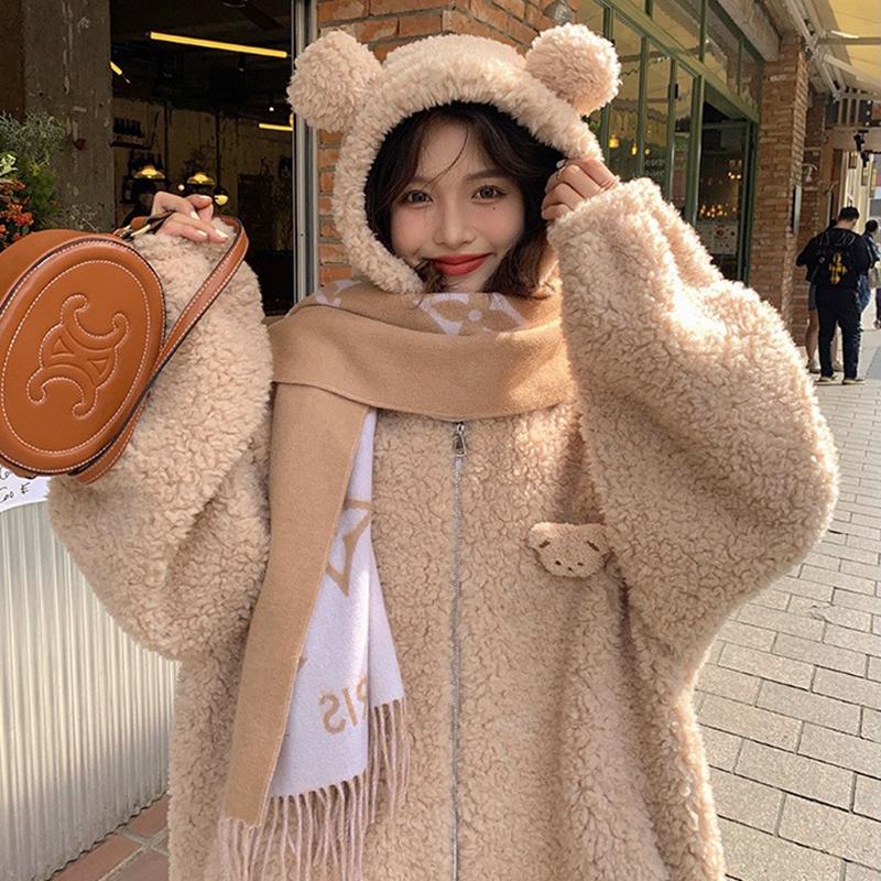 

Женские кардиганы с капюшоном, зимняя свободная пушистая толстовка с ушками медведя для девочки, куртка, включая брошь L абрикосовый