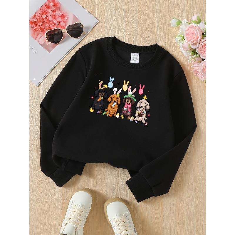 European Sizes Crewneck Sweatshirt for Girls with Dogs, Bunny Ears & Eggs, Soft Comfy Sportswear for Casual Wear for Children & Teens
