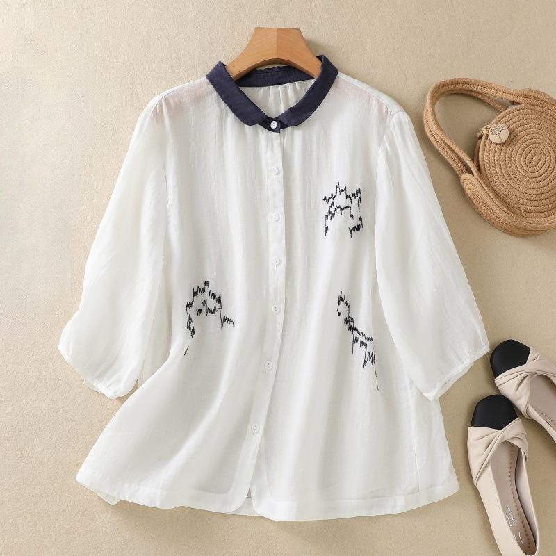 

Рубашка из хлопка и льна с однотонным принтом и воротником в стиле ретро для женщин, повседневная, свободная, однобортная, для похудения, универсальная, с верхом, футболки для женщин 2XL белый