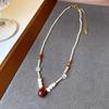 Freshwater Pearl Red Agate Teardrop Necklace for Women, Elegant Zircon Square Sugar Crystal Collar Chain