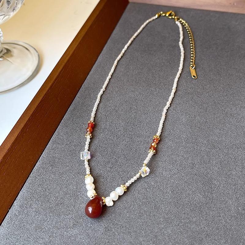 Freshwater Pearl Red Agate Teardrop Necklace for Women, Elegant Zircon Square Sugar Crystal Collar Chain