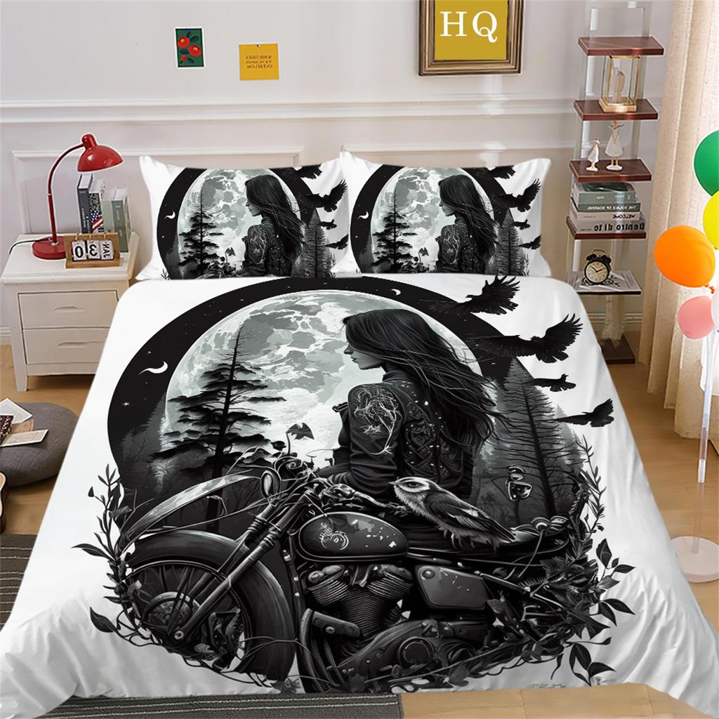 3D Beauty Skull Head Bedding Set Motorcycle Beauty Print Bedroom Decoration Quilt Cover and Pillow Cover 2/3 Pieces White Background Home Decoration