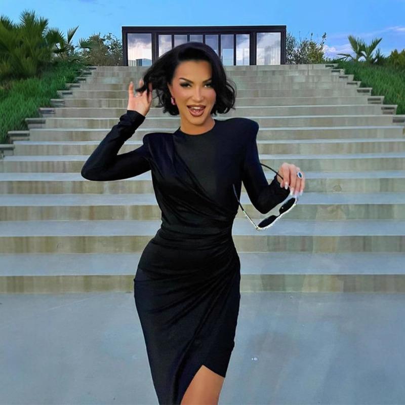 Women's Autumn and Winter Fashion Shoulder Pad Temperament Long Sleeve Round Neck Irregular Dress