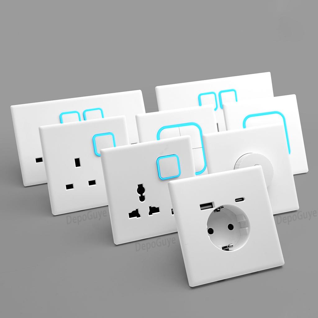 White 1 2 3 4 Gang Button Light Switch Panel Blue LED Indicator,UK Standard Wall Socket Universal Dual 3Pin USB C Power Outlet