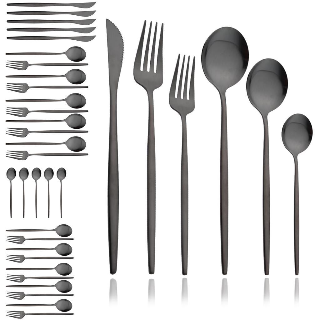 Black Gold 36Pcs Matte Flatware Dinnerware Set Knife Dessert Fork Spoon Dinner Set Stainless Steel Tableware Kitchen Cutlery Set
