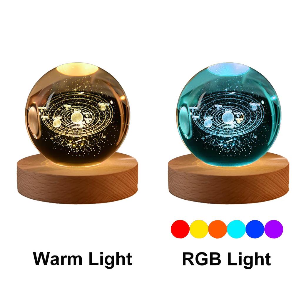 6cm Bedside Lamp Solar Theme Cosmos Series Crystal Ball Night Lights Milky Way Moon Small Ornaments for Desk Creative Gift RGB