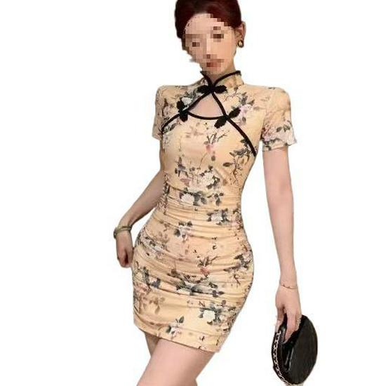 Modern Floral Print Qipao: Slim Fit, Pleated, Hollow Out, Summer Dress with Cinched Waist and Hip-Hugging Design