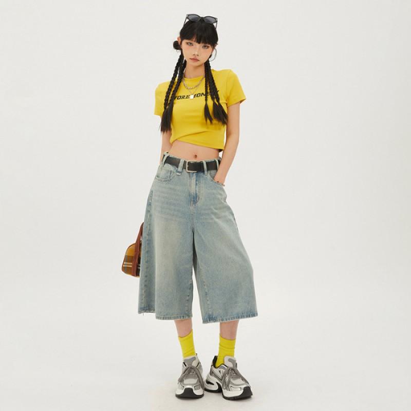 High-Waisted Wide Leg Cropped Jeans Women Retro Washed Denim Pants Slim Fit Stylish Streetwear XS