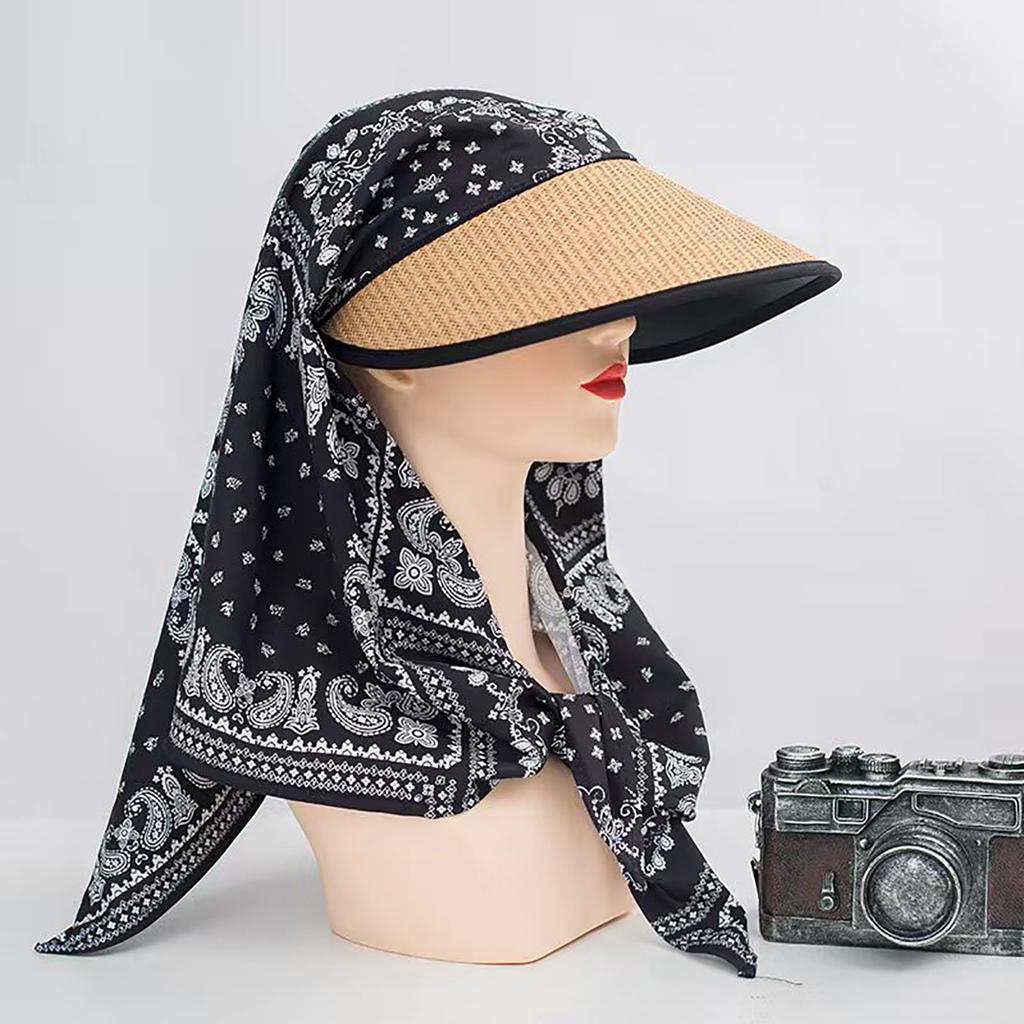 Vintage Women Sun Hat with Headscarf Summer Large Brim Full Face Cover Sunscreen Straw Cap Female Outdoor UV Protection Hat