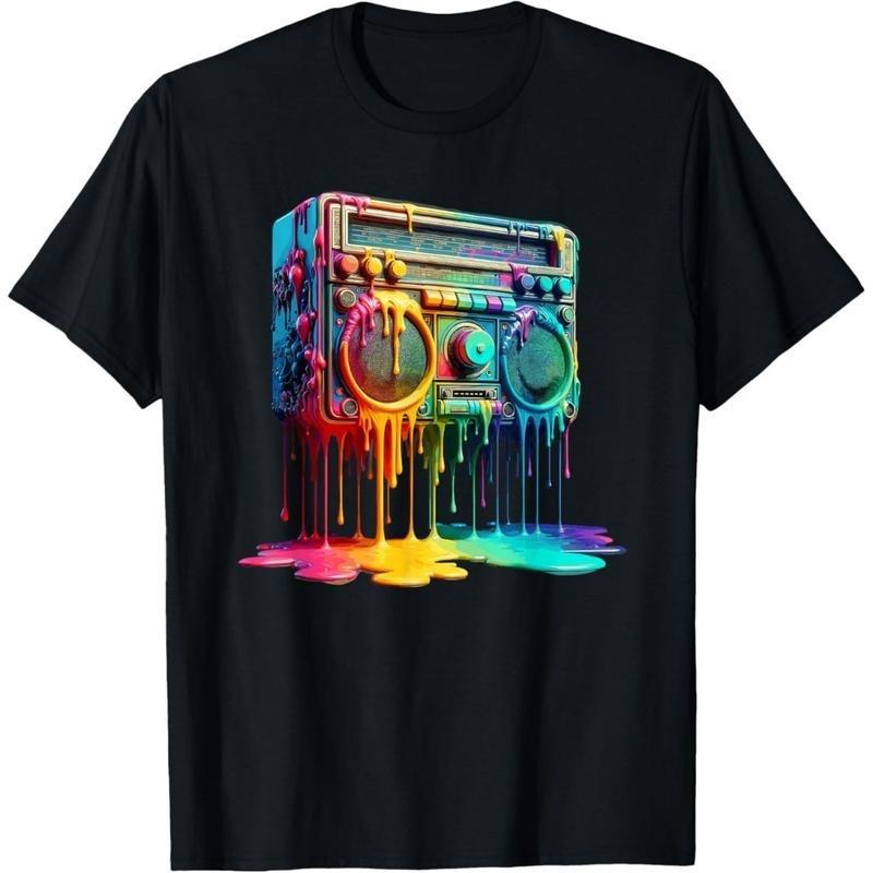 Urban Graffiti Style Tee with Retro Boombox and Paint Splatter for S