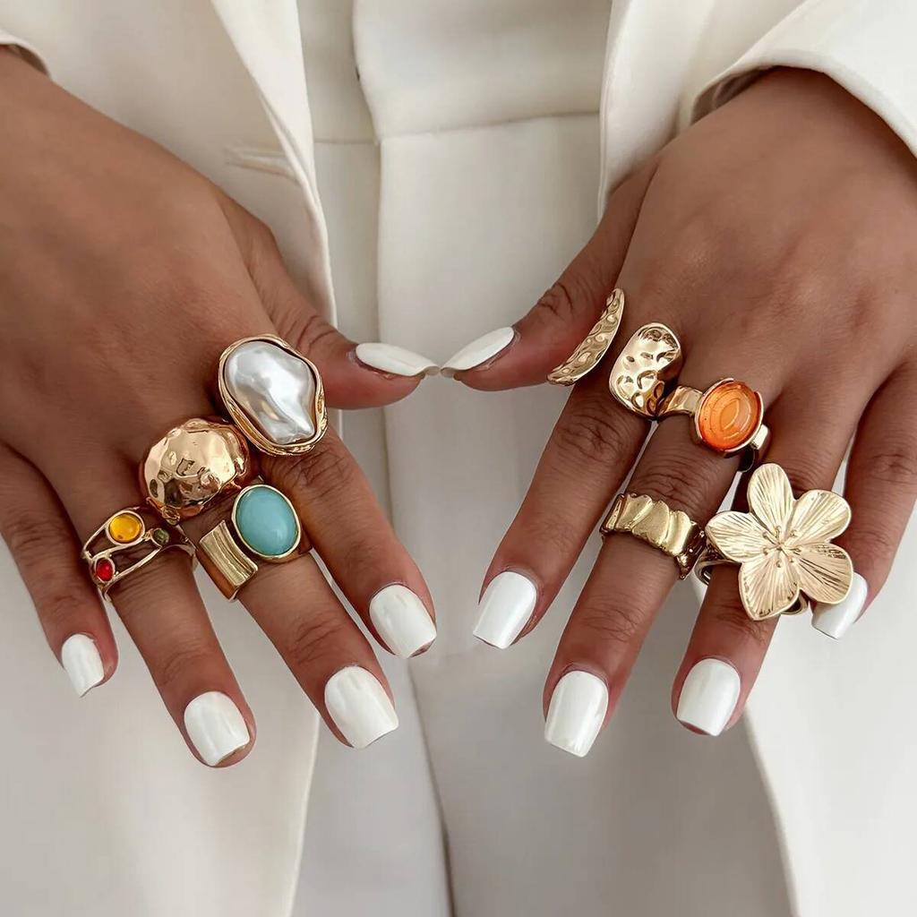 Ingemark 8Pcs/Set Elegant Imitation Pearl Flower Open Ring for Women Exquisite Geometric Wide Knuckle Ring Wedding New Jewelry