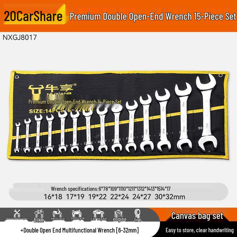 10-Piece Double-Head Wrench Set - Chrome Vanadium Steel for Automotive Repair