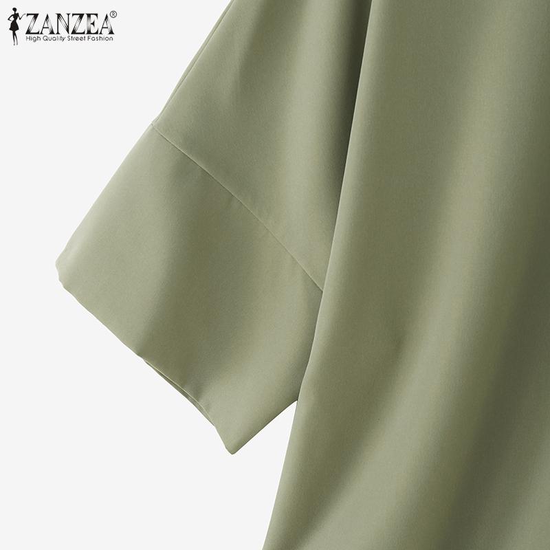 ZANZEA Womens Casual Stand Collar Loose Summer Half Sleeve Blouse