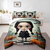 Duvet Cover Set Wednesday Addams Chibi Character Black Dress Braids Pumpkins Bats Graveyard Spooky Halloween Art Print for Adult Room Decor