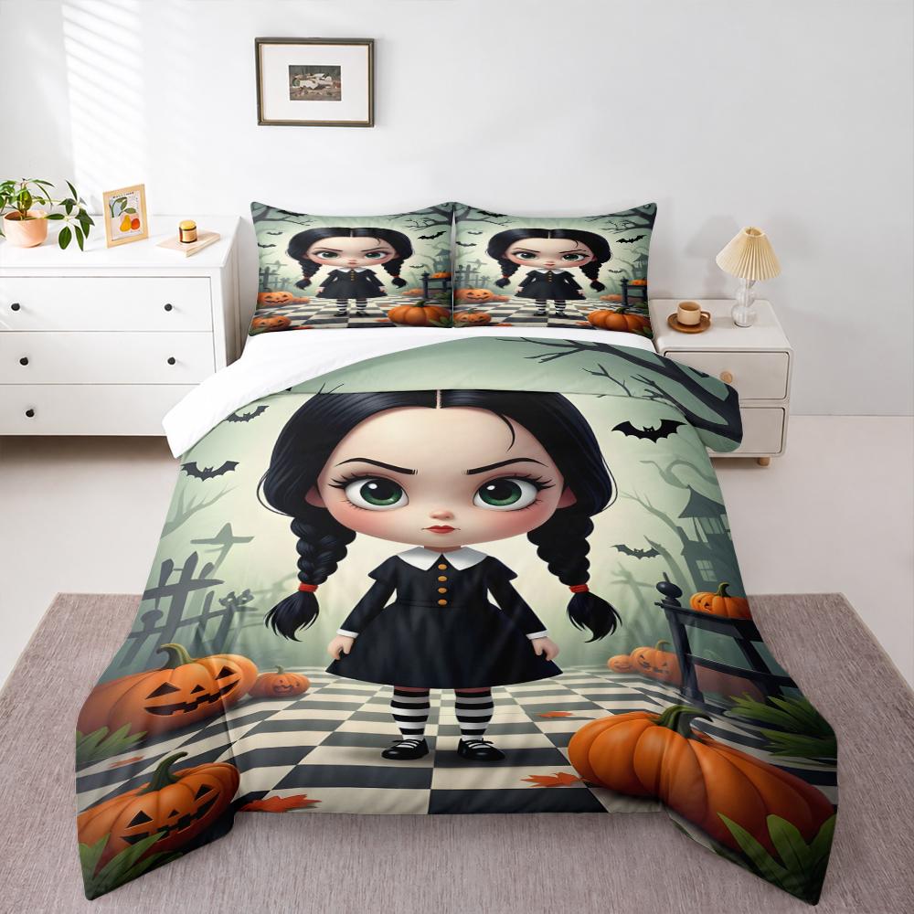 Duvet Cover Set Wednesday Addams Chibi Character Black Dress Braids Pumpkins Bats Graveyard Spooky Halloween Art Print for Adult Room Decor