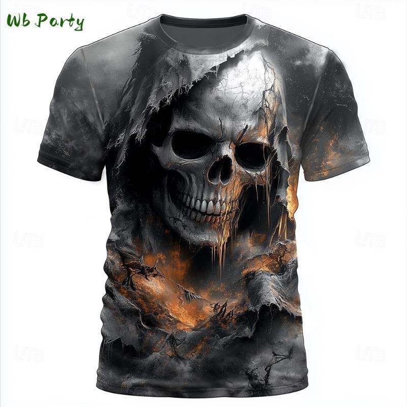 Men's Halloween Sports T-shirt 3D Neutral Skull Print Round Neck Short Sleeved Casual, Comfortable and Fashionable Top