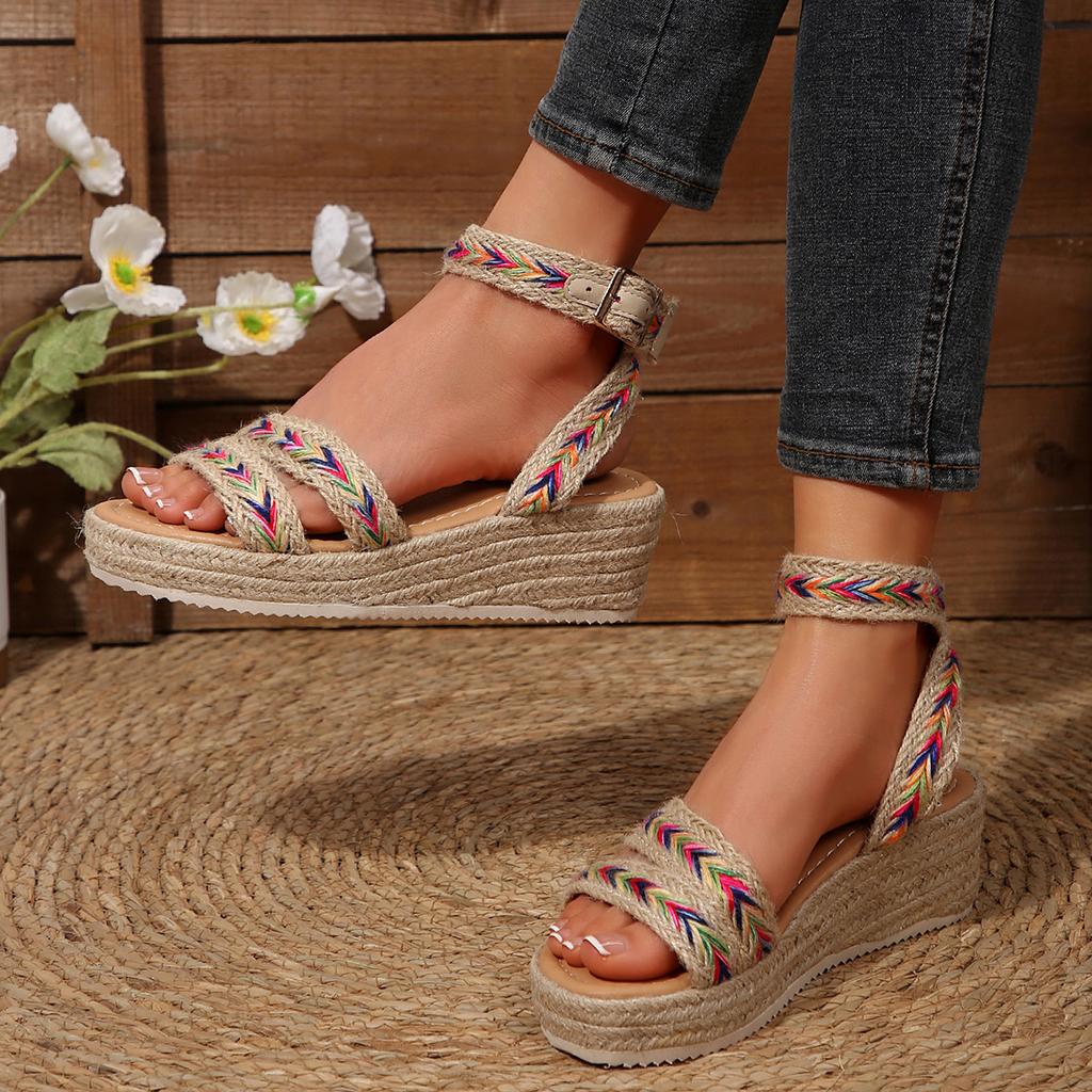 Sandals Bohemian wedge heel super high heel sandals open-toed platform wedge heel high heels straw sandals