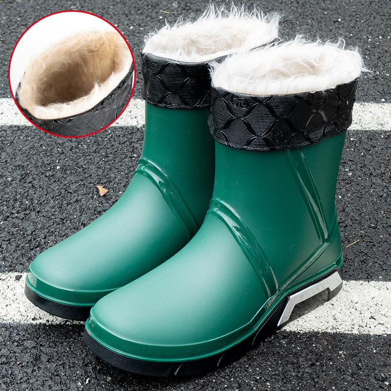 Fashion Men Rain Boots Mid-Calf Length Non-slip Waterproof Rain Boots Car Washing Fishing Leisure Work Rubber Shoes with Cotton