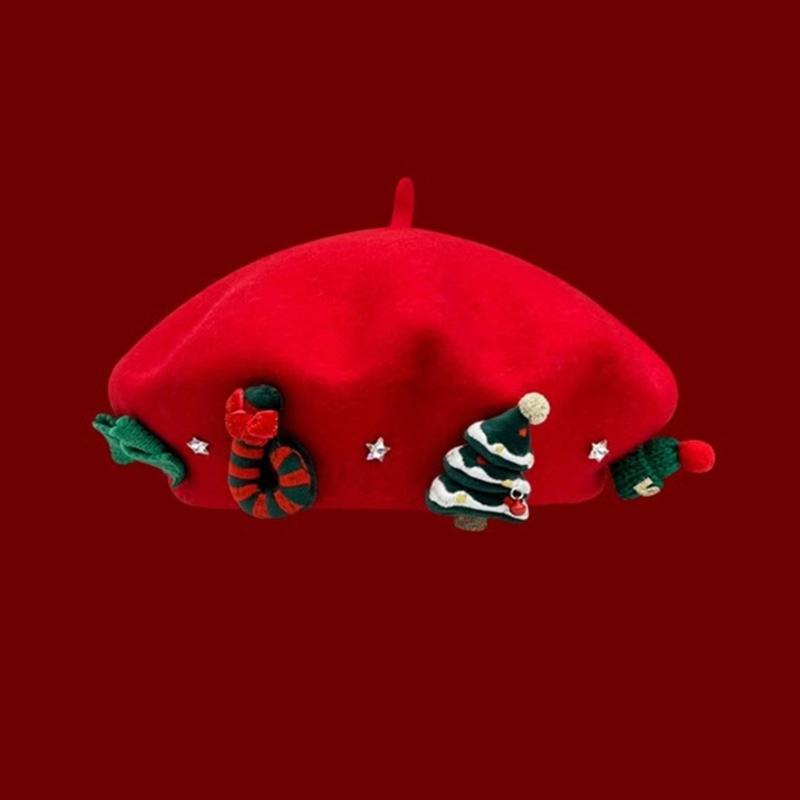 Christmas Beret Hat for Women and Girl, Brimless, Soft Warm Painters Hat, Headwear for Festival, Holiday Photoshoots and Seasonal Party Decoration