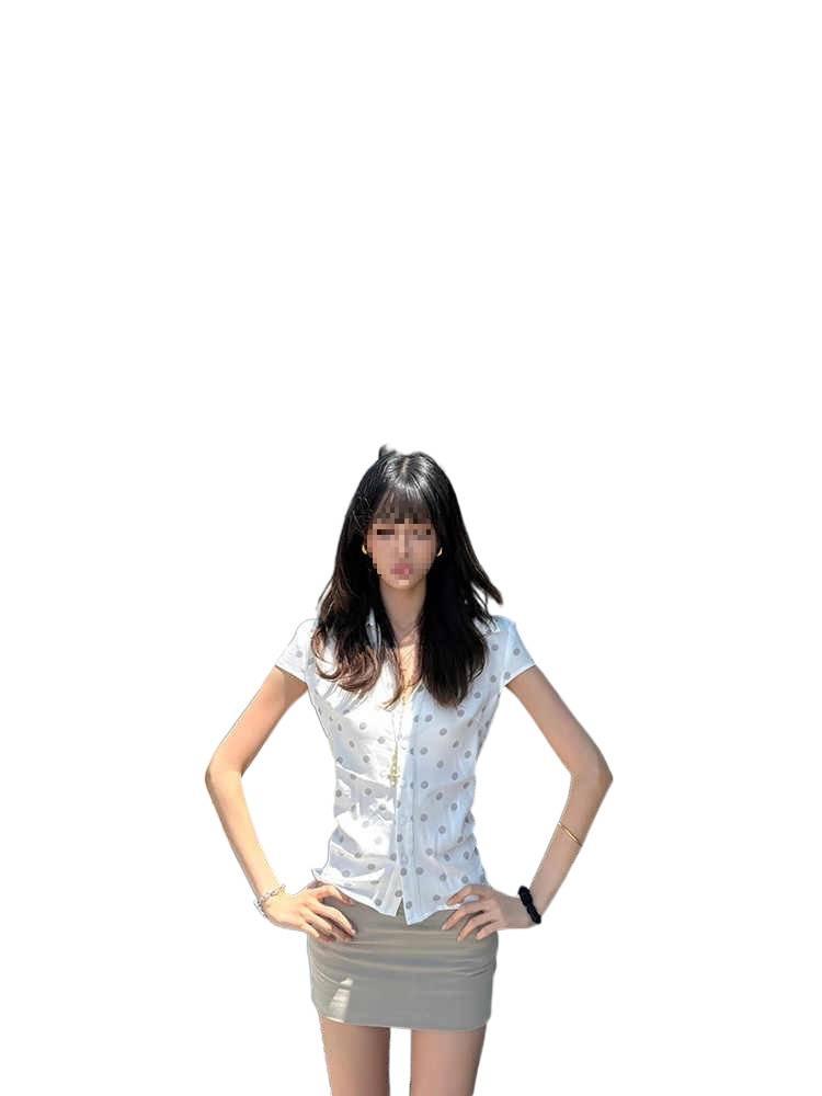 Korean Style Women's Polka Dot Fitted Short Sleeve Shirt - Summer Elegant Design with Waist-Cinched Straight Shoulders.