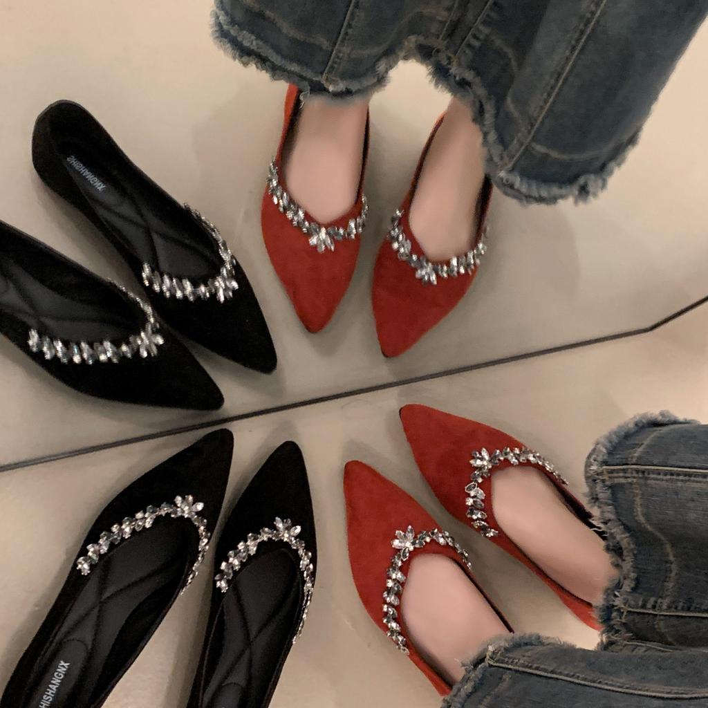 French pointed rhinestone Mary Jane single shoes women's 2025 spring and autumn new flat bottom sweet soft sole evening shoes laden shoes